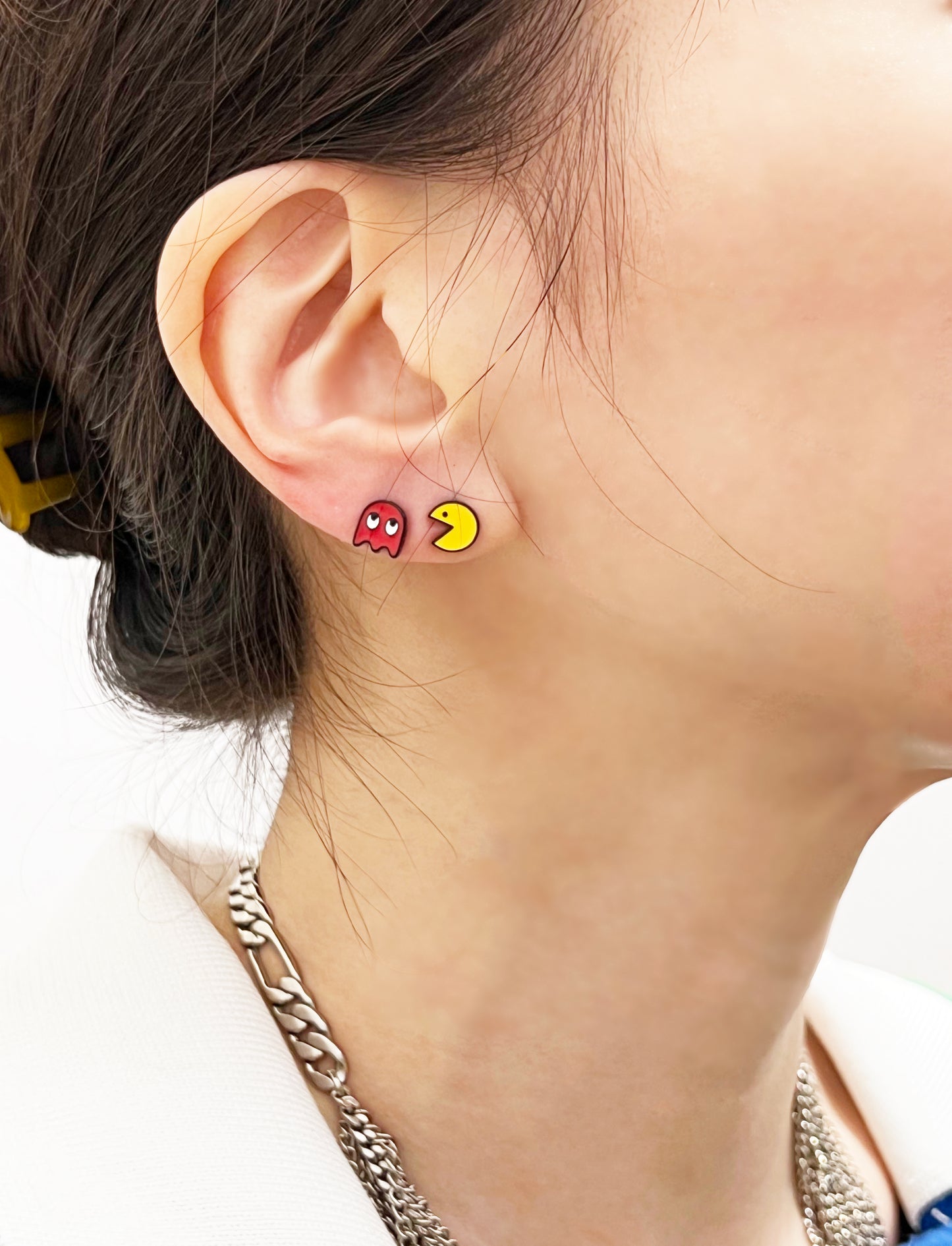 Set of  4 Vintage Game character Pac Man Stud earrings, Pac Man and Ghost Earrings