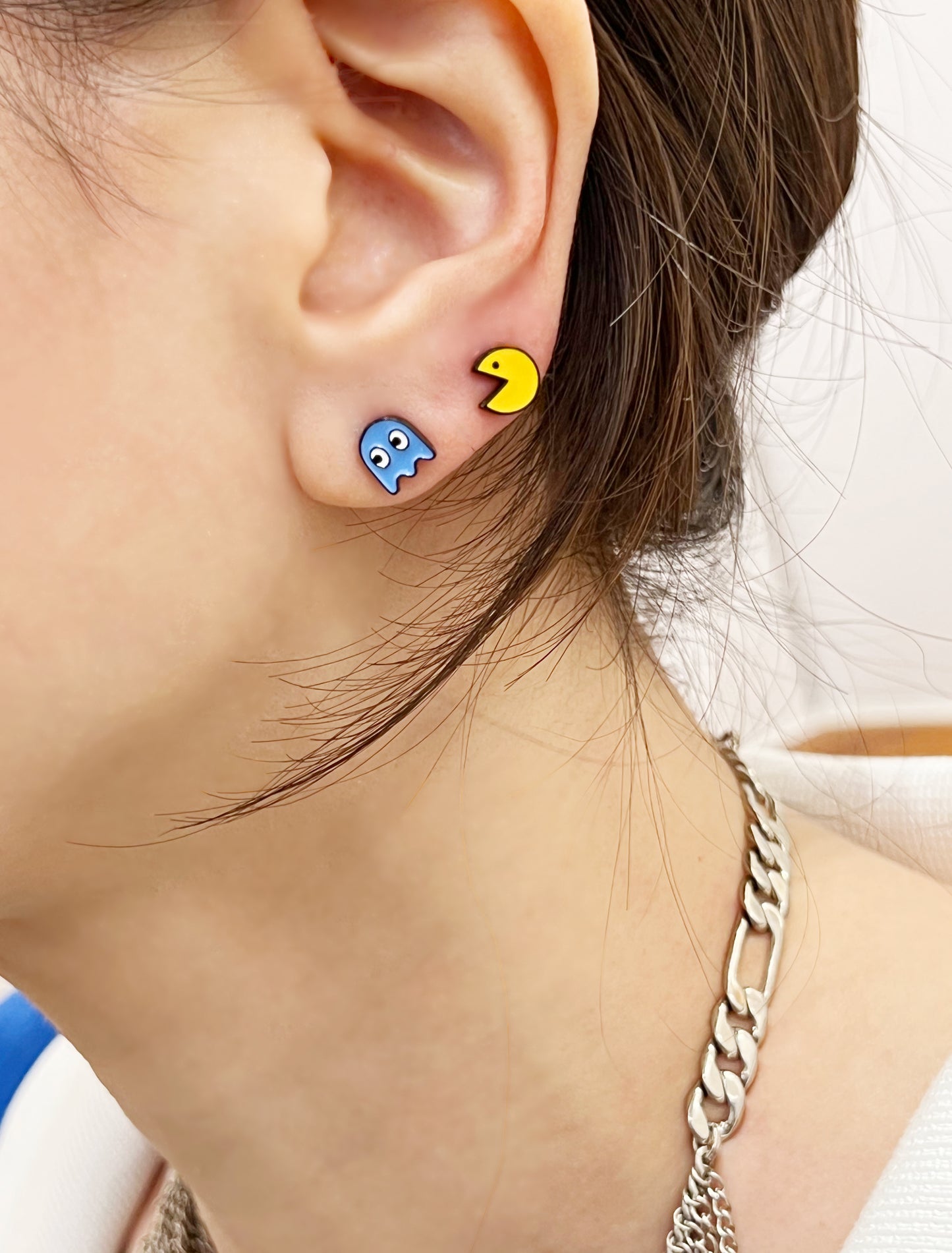 Set of  4 Vintage Game character Pac Man Stud earrings, Pac Man and Ghost Earrings