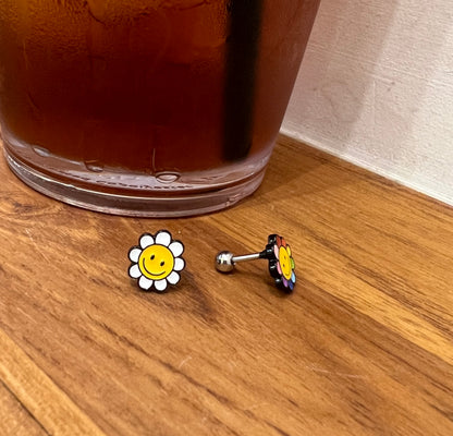 Cute Smile face flower pin Surgical Steel screw back ball Cartilage earrings, Helix Piercing screw back ball ,Cartilage piercing ,Tragus Ear Jewelry