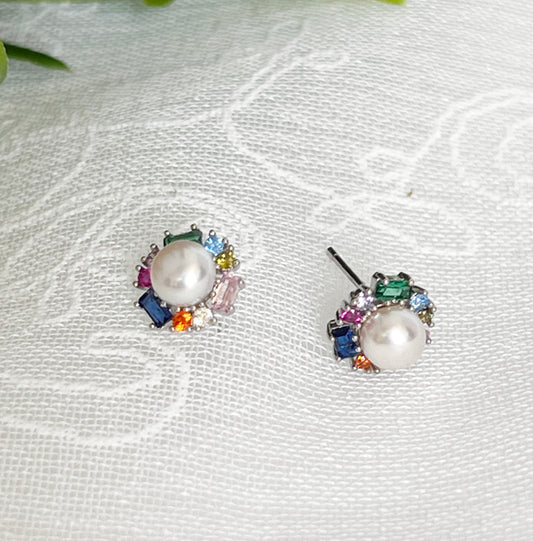 Pearl earrings with multi color cubic zirconia ,rainbow color cubic ,Daily earrings