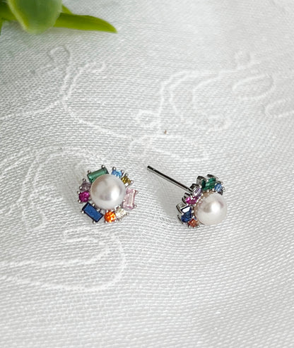 Pearl earrings with multi color cubic zirconia ,rainbow color cubic ,Daily earrings