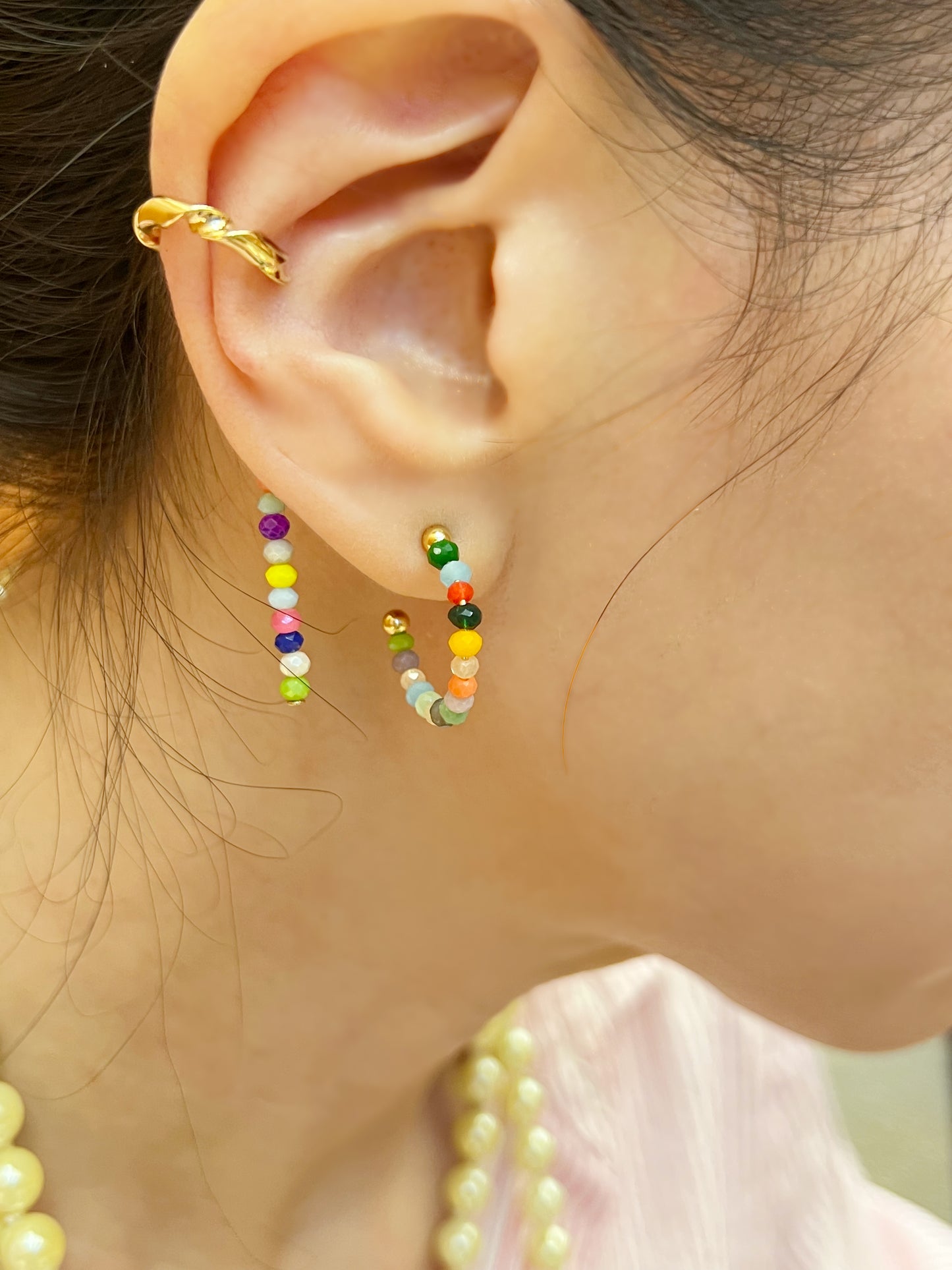 Single multi color stones earcuff, gemstones non pierced conch, long bar ear cuff,