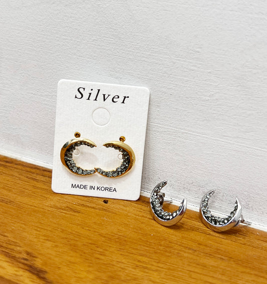 Crescent moon druzy stud earrings detailed with Black Diamond Crystals