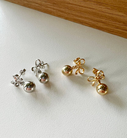 Tiny Ribbon bow and ball dangle earrings ,Ribbon dangle earrings, Bow tie and ball drop Earrings