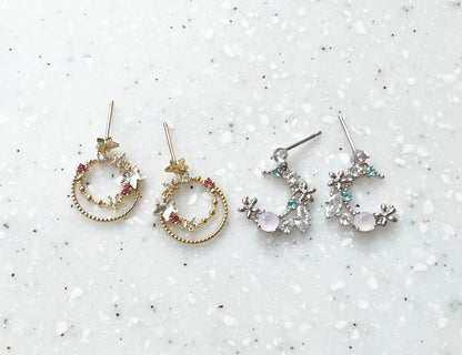 Various Cubic setting Star and Moon dangle earrings, shimmering star and moon dangle drop earrings