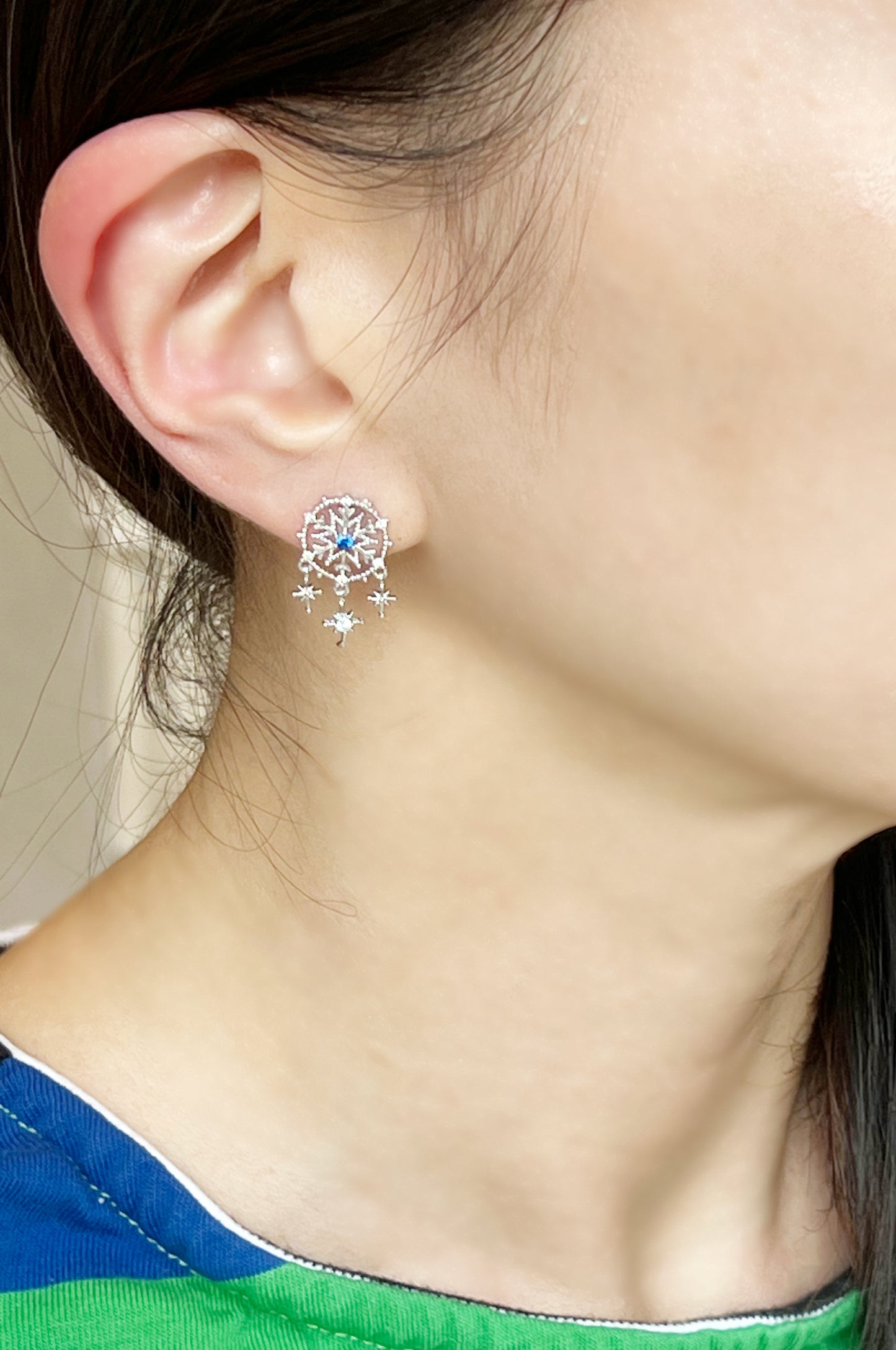 Dream Catcher blue cubic point Stud Earrings, Dreamcatcher Studs with snowflake Dangling Charms, Boho Earrings, Boho Jewelrey, Tribal Earrings