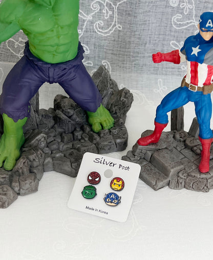 Set of 4 Superhero Stud Earrings , The Avengers earrings Iron spider man hulke earrings