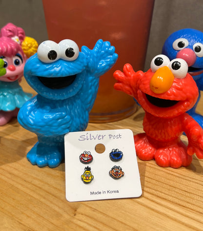 set of 4 Sesame Street Stud Earrings , Cookie Monster And Elmo Earrings, Bert And Ernie