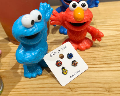 set of 4 Sesame Street Stud Earrings , Cookie Monster And Elmo Earrings, Bert And Ernie