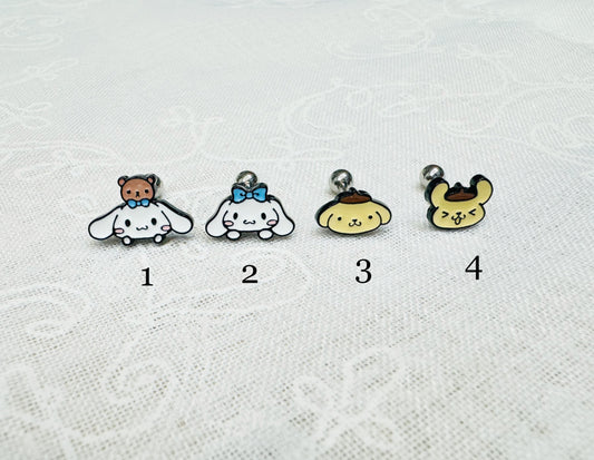 Sanrio characters Pompompurin and Cinnamorolls, Screw back ball Ear Piercing, Barbells Surgical Steel Cartilage earrings