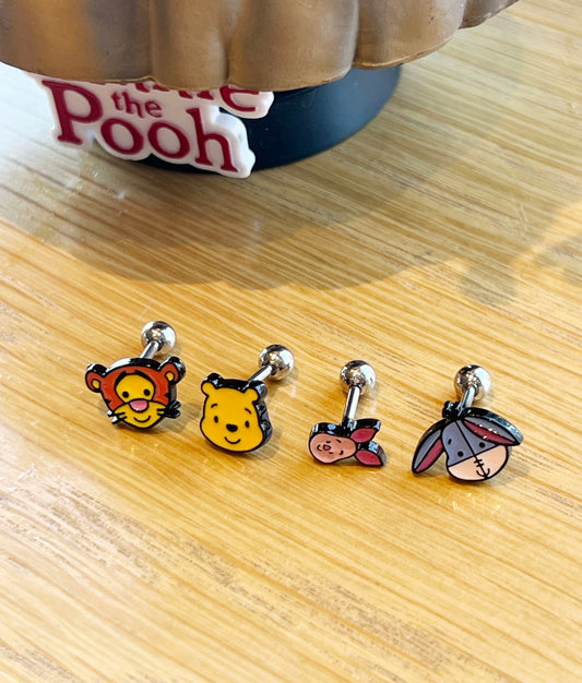Disney-licensed characters Pooh,Tiger, Piglet, Eeyore Screwback Barbells Ear Piercing , Surgical Steel Screw Back Ear Stud