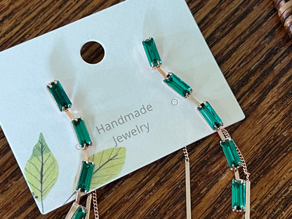 long rectangle greean and muti colored cubic rail and long bar chain two ways earrings, front and back earrings,  Chain Long drop two ways earrings