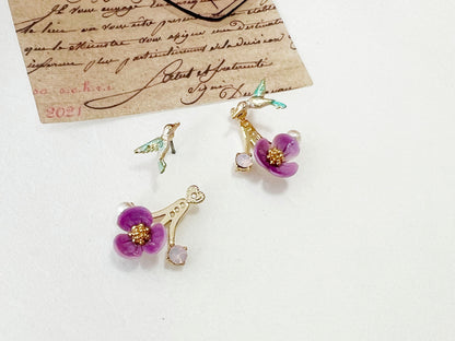 Front and Back Humming Bird and Flower Ear jacket,Wrap around dangle cuff earrings,E0585S