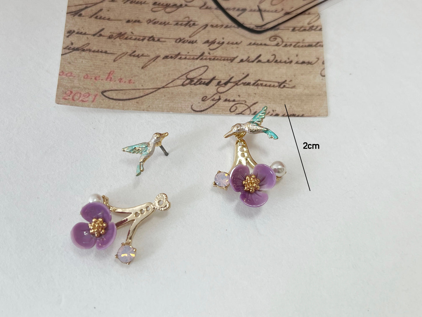 Front and Back Humming Bird and Flower Ear jacket,Wrap around dangle cuff earrings,E0585S