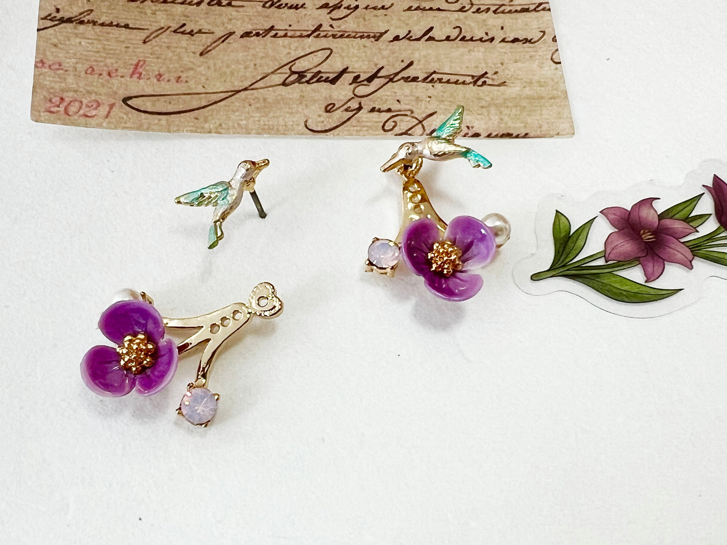 Front and Back Humming Bird and Flower Ear jacket,Wrap around dangle cuff earrings,E0585S