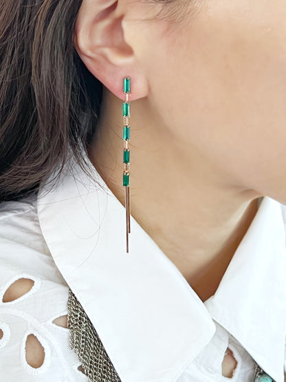 long rectangle greean and muti colored cubic rail and long bar chain two ways earrings, front and back earrings,  Chain Long drop two ways earrings