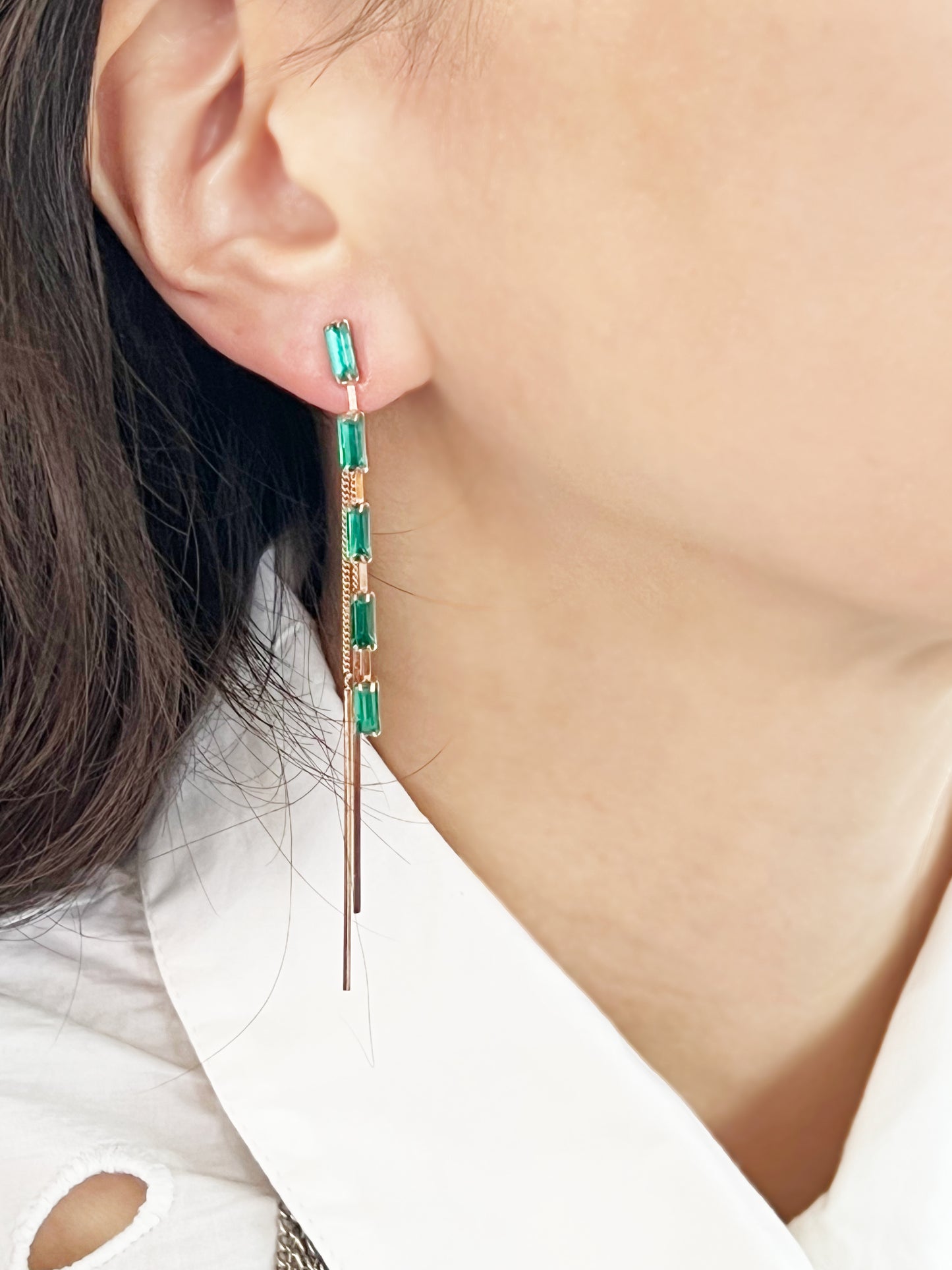 long rectangle greean and muti colored cubic rail and long bar chain two ways earrings, front and back earrings,  Chain Long drop two ways earrings