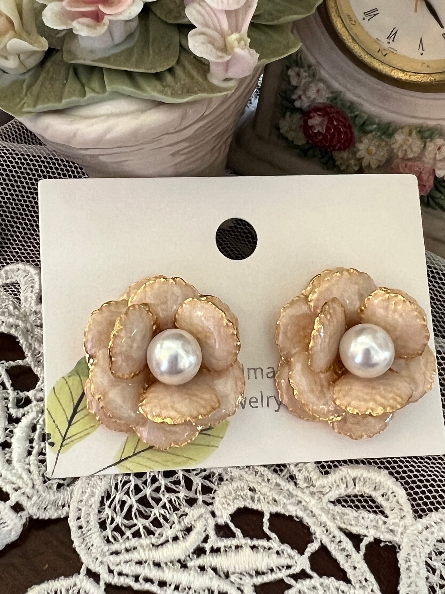 Camellia flower with pearl earrings , Bridal Camellia Earrings, Wedding Camellia statement earringsEarrings Posts