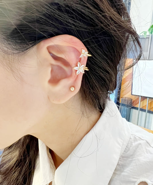 Cubic setting flower and butterfly ear cuff earrings, double wrap flower ear cuff ,non pierced Conch earrings ,Huggie ear cuff