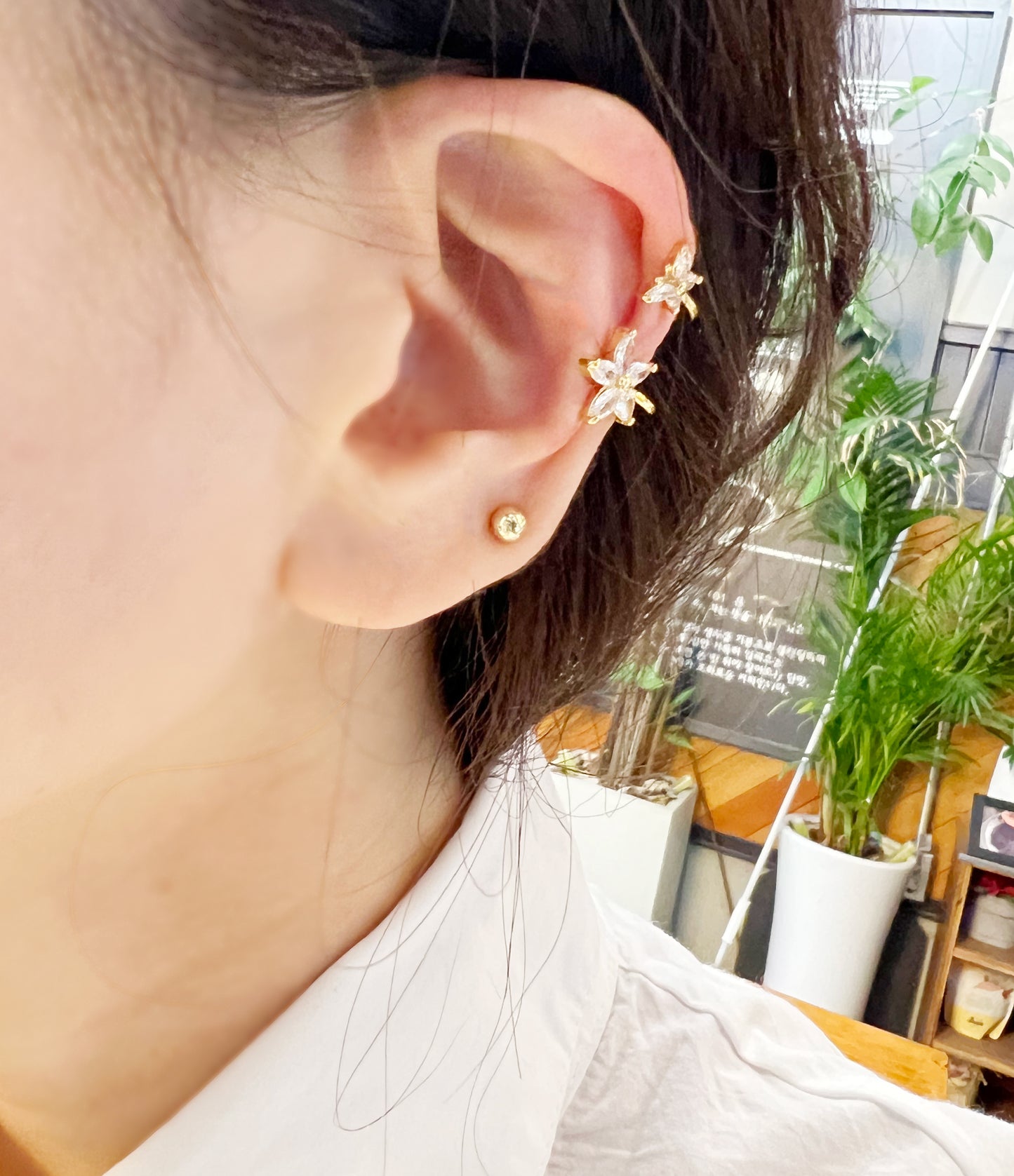 Cubic setting flower and butterfly ear cuff earrings, double wrap flower ear cuff ,non pierced Conch earrings ,Huggie ear cuff