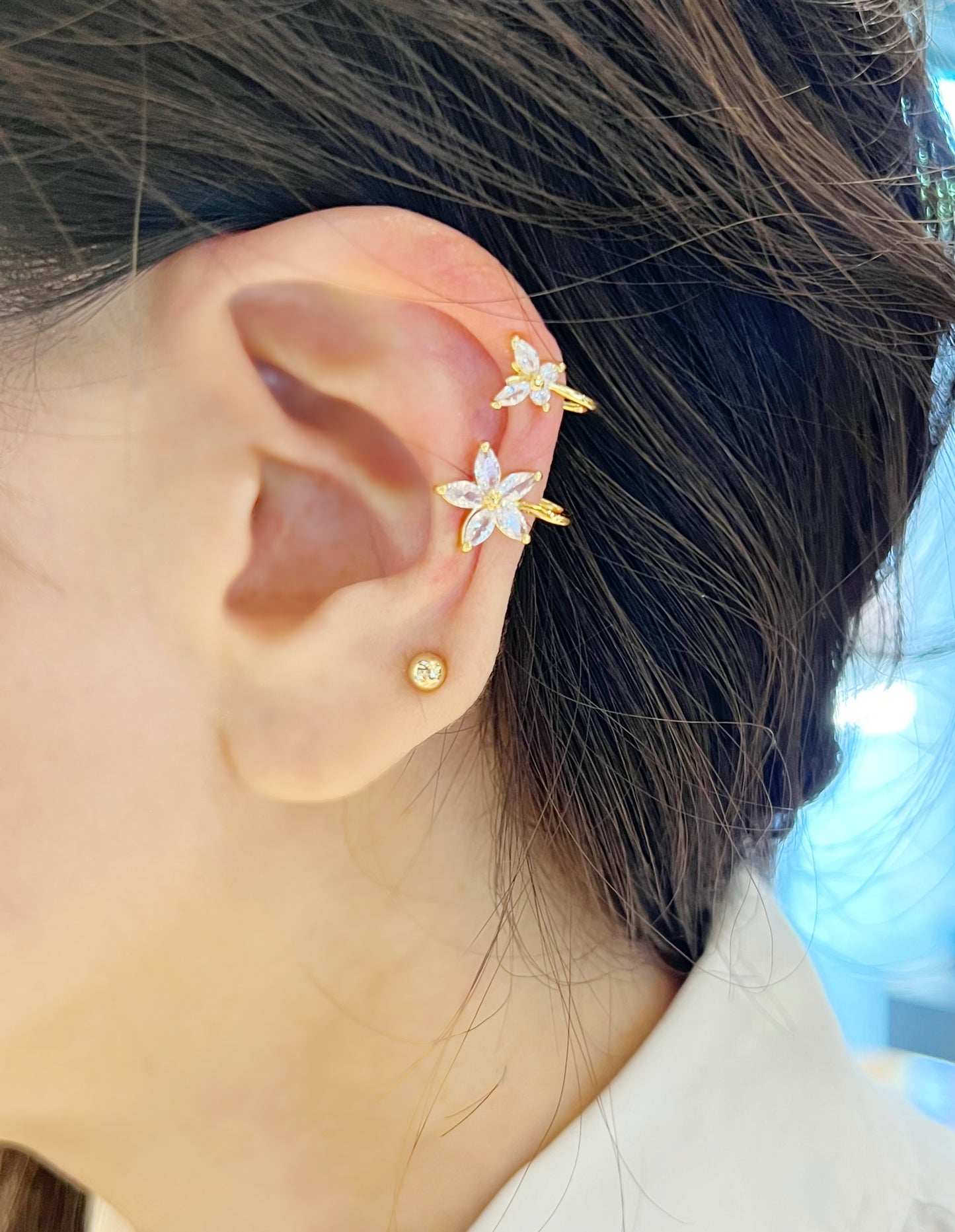 Cubic setting flower and butterfly ear cuff earrings, double wrap flower ear cuff ,non pierced Conch earrings ,Huggie ear cuff