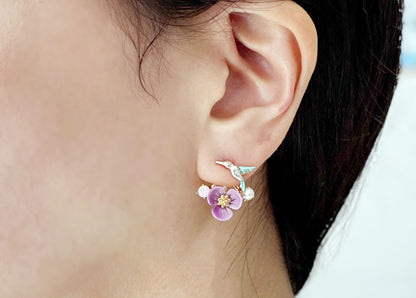 Front and Back Humming Bird and Flower Ear jacket,Wrap around dangle cuff earrings,E0585S