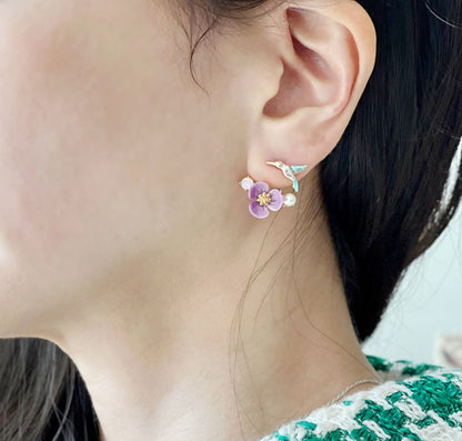 Front and Back Humming Bird and Flower Ear jacket,Wrap around dangle cuff earrings,E0585S