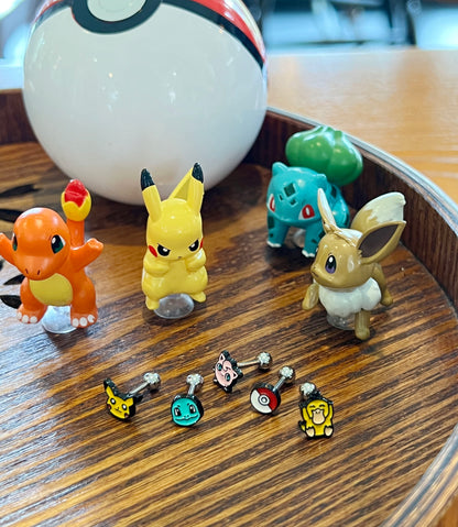 Pikachu, Psyduck, Squirtle, Jigglypuff, Pokemon ball character Screwback screw back ball, Barbells Ear Piercing ,Surgical Steel Screw Back Ear Stud, Cartilage earrings