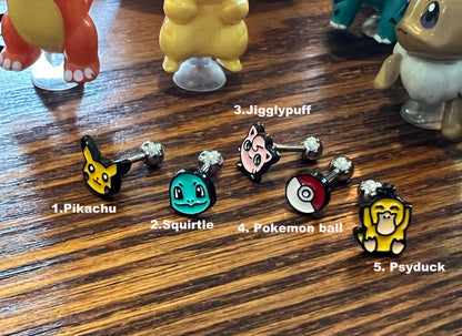 Pikachu, Psyduck, Squirtle, Jigglypuff, Pokemon ball character Screwback screw back ball, Barbells Ear Piercing ,Surgical Steel Screw Back Ear Stud, Cartilage earrings
