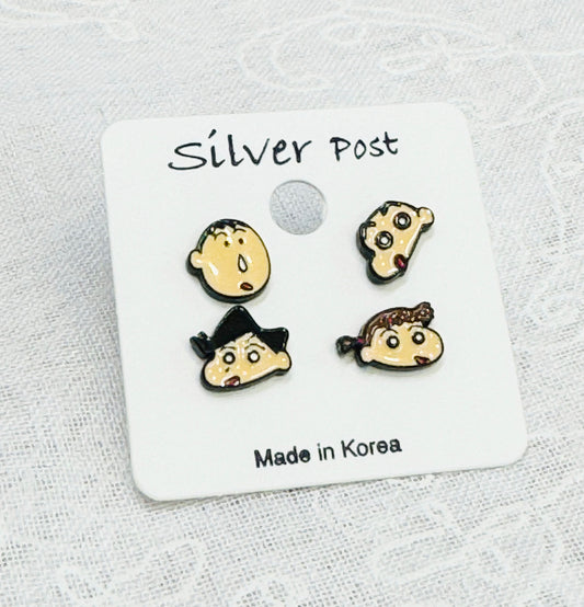 Set of 4 Cartoon characters earrings, Kureyon Shin Chan and friends Stud earrings