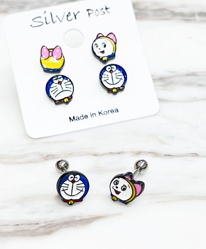 Doraemon and dorami character Screw back earrings, screw back ball Ear Piercing, Barbells Surgical Steel Cartilage earrings