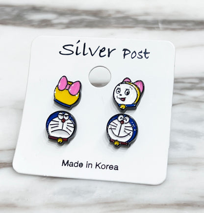 Cute Doraemon and dorami set of 4 earrings, cute and tiny Doraemon stud earrings, Cartoon Earrings