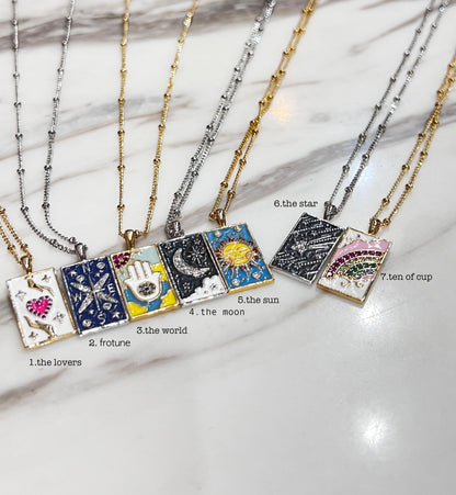 Enamel and cubic set Tarot Card Necklaces, Lovers, Fortune, World, Sun ,Moon, Star, Ten of cup, Spiritual Jewelry