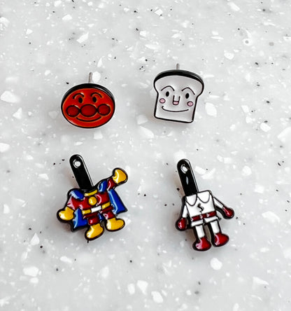 Cute One Anpanman and Shokupanman two ways earrings, Dokinchan and Baikinman two ways drop earrings, Kawaii  earrings