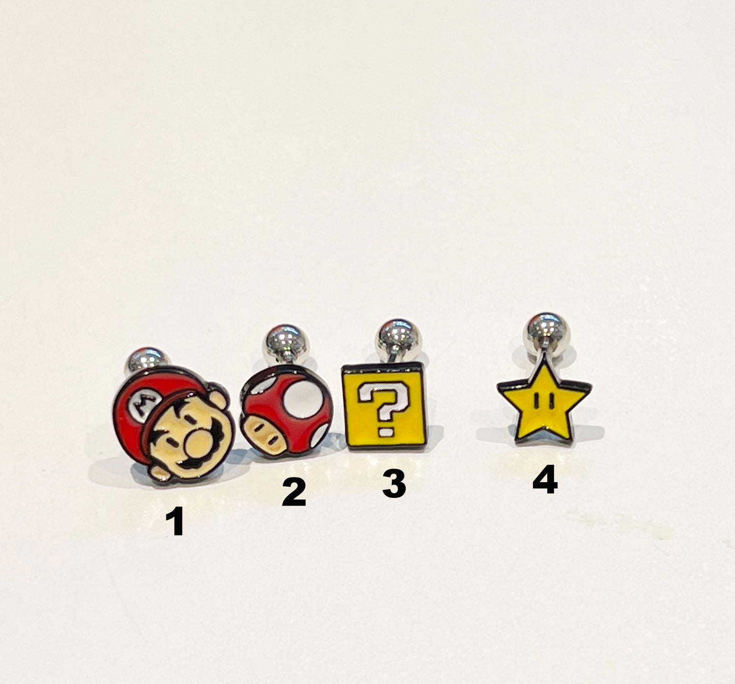 Nintendo Mario and his Question Box,Star, Mushroom Cartilage earrings, Gaming inspired character Screwback  Piercing ,screw back ball, Barbells Ear Piercing