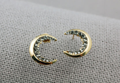 Crescent moon stud Earrings detailed with Black Diamond Crystals, Crescent moon Earrings