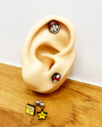 Nintendo Mario and his Question Box,Star, Mushroom Cartilage earrings, Gaming inspired character Screwback  Piercing ,screw back ball, Barbells Ear Piercing