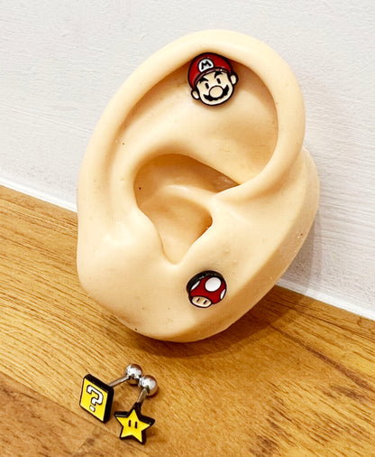 Nintendo Mario and his Question Box,Star, Mushroom Cartilage earrings, Gaming inspired character Screwback  Piercing ,screw back ball, Barbells Ear Piercing