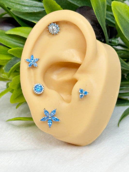 Blue Cubic crystal setting daisy flower Surgical Steel piercing tiny ear Helix Piercing screw back ball ,Cartilage chain piercing ,Tragus Ear Jewelry Body Accessories