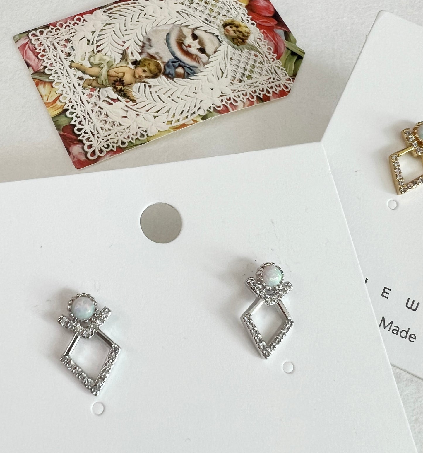Cubic Rhombus earrings pointed with white Opal,  Geometric shape gemstone earrings, square with opal earrings