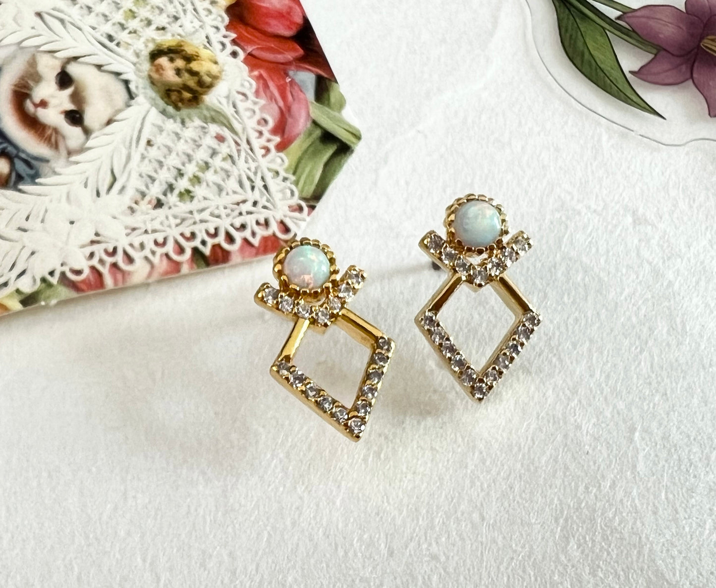 Cubic Rhombus earrings pointed with white Opal,  Geometric shape gemstone earrings, square with opal earrings