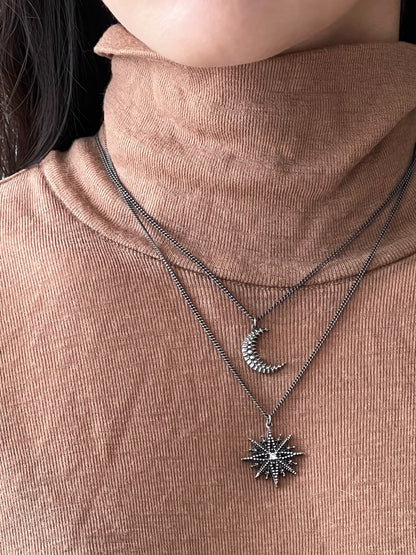 925 Sterling silver North star and Crescent Moon pendant necklace ,star moon jewelry, wiccan jewelry , planet necklace