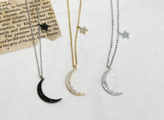 Crescent Moon and Star drop necklace detailed with cubic zirconia , Crystal Zircon Moon and Star Necklace
