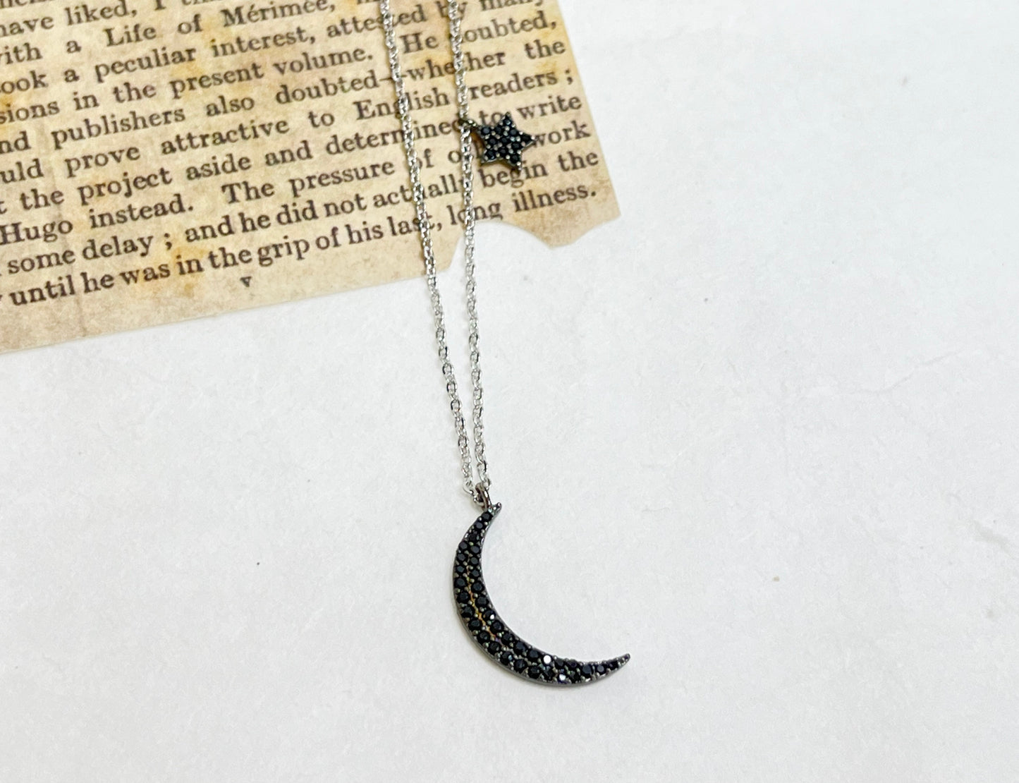 Crescent Moon and Star drop necklace detailed with cubic zirconia , Crystal Zircon Moon and Star Necklace