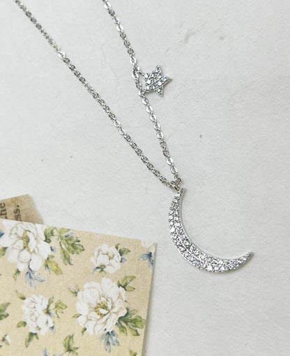 Crescent Moon and Star drop necklace detailed with cubic zirconia , Crystal Zircon Moon and Star Necklace