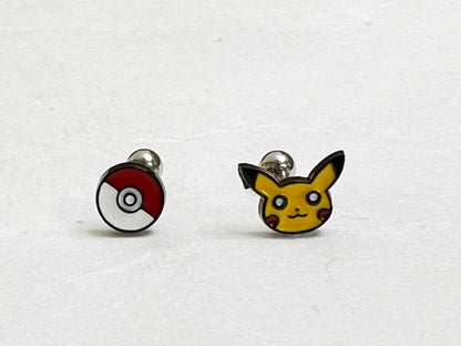 Pikachu, Psyduck, Squirtle, Jigglypuff, Pokemon ball character Screwback screw back ball, Barbells Ear Piercing ,Surgical Steel Screw Back Ear Stud, Cartilage earrings