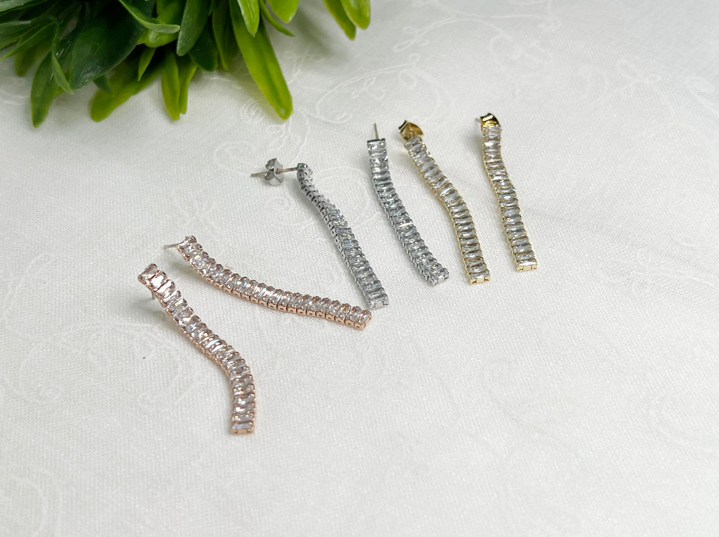 Tennis Chain Long drop Earrings , Baguette Cut cubic Tennis earrings Tennis Drop Earrings ,Cubic Zircon Earrings