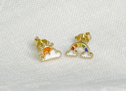 Tiny Clouds and Rainbow earrings, Sunshine studs, Sun studs, Weather studs, Cute Enamel Studs