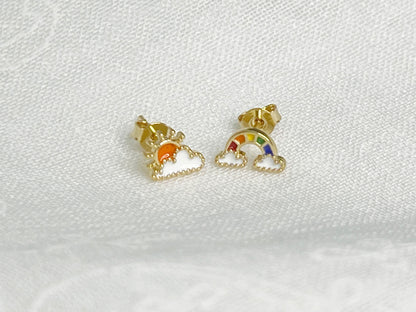 Tiny Clouds and Rainbow earrings, Sunshine studs, Sun studs, Weather studs, Cute Enamel Studs