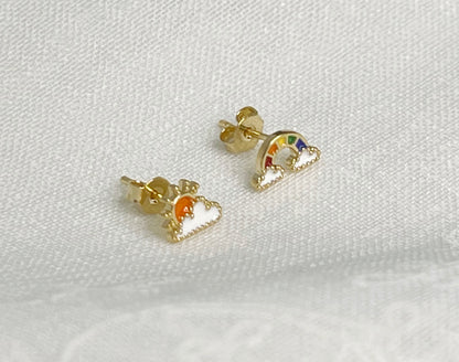 Tiny Clouds and Rainbow earrings, Sunshine studs, Sun studs, Weather studs, Cute Enamel Studs